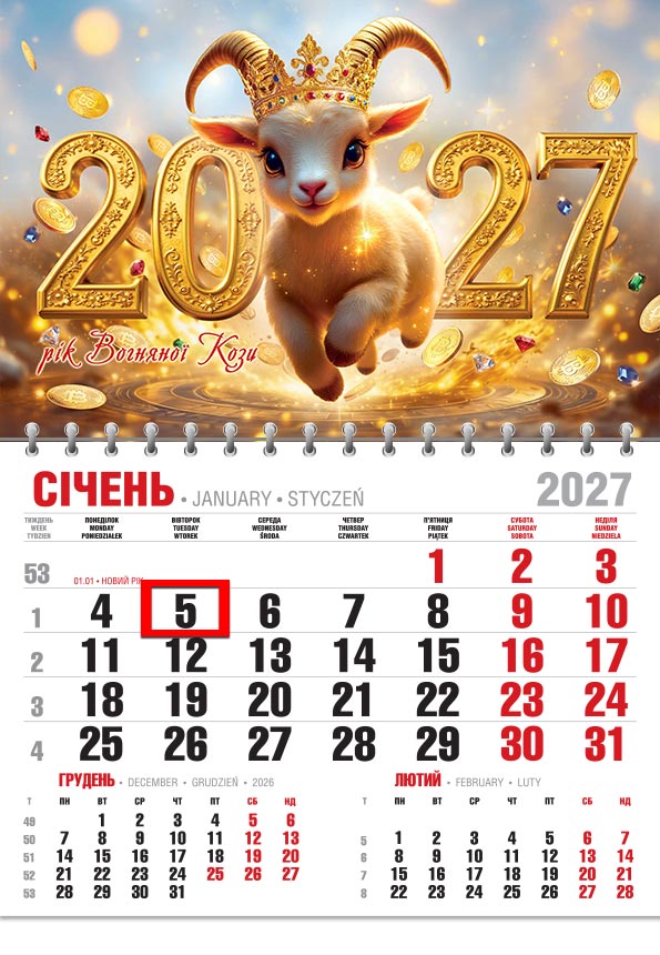 Календар 2027 офісний економ: веселе козеня з короною на тлі золотих цифр 2027