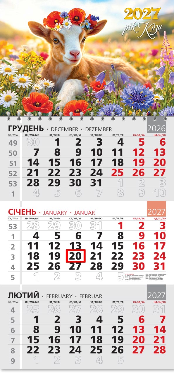 04_Kvart_grey Календар 2027 офісний 3: козеня в квітковому вінку на літньому лузі