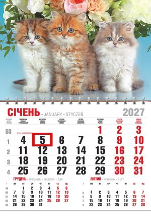 Календар 2027 офісний економ. Тріо котиків та букет квітів