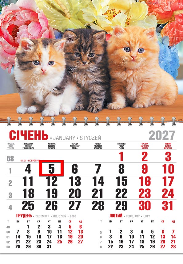 Календар 2027 офісний економ: три пухнасті кошенята перед букетом квітів