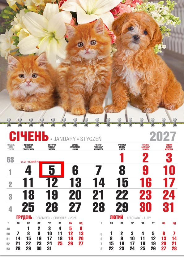 54_kvart-Econ_Kvart_old Календар 2027 офісний економ: руда компанія — два кошенята й кудлате цуценя